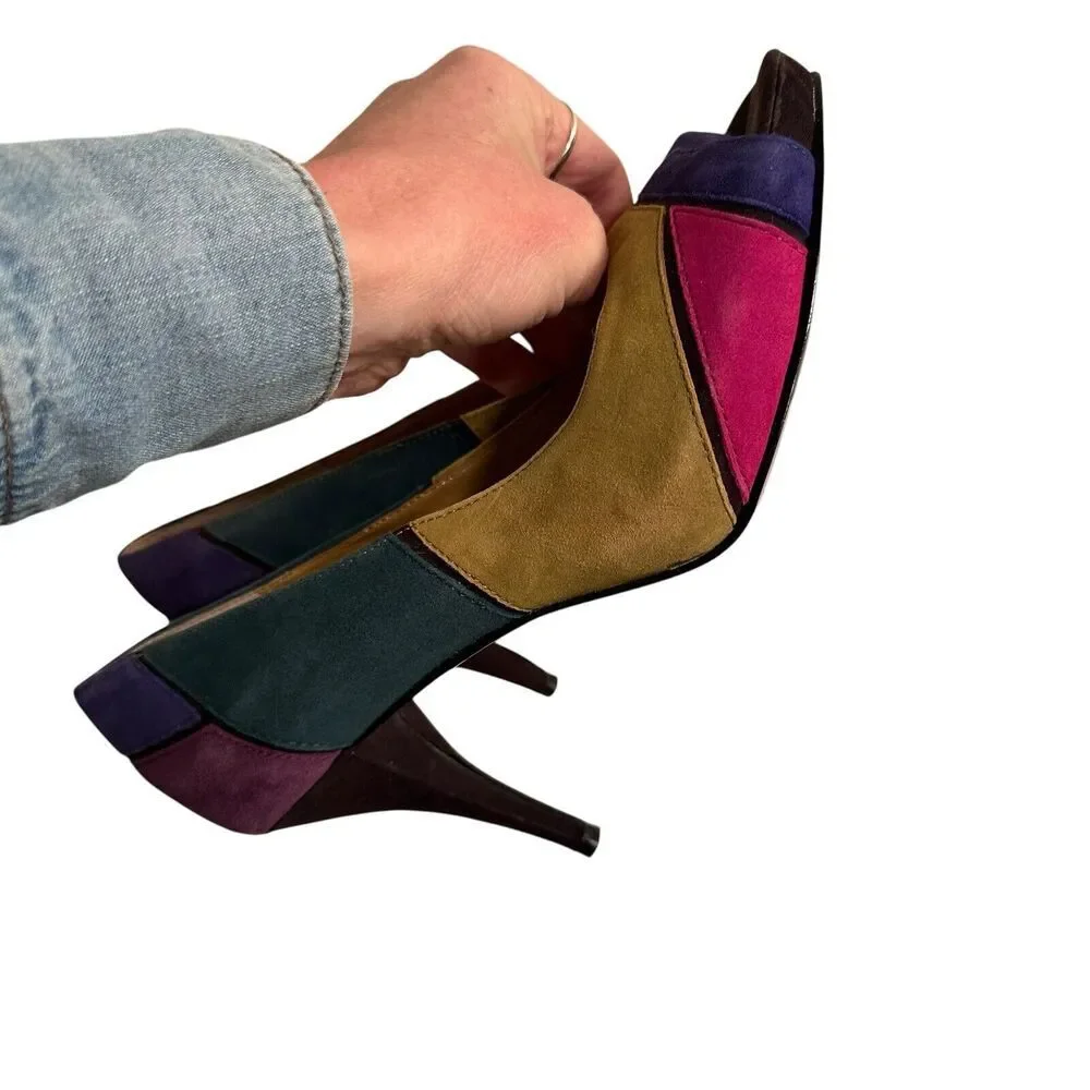 Nine West Kaspiao‎ Open Toe Suede High Heel Dopamine Patchwork Size 8M Y2K - Picture 9 of 16